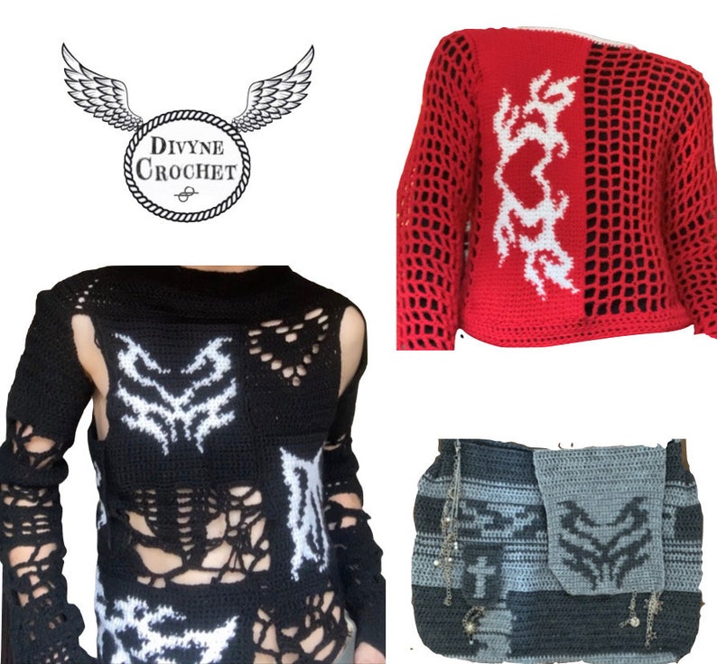 May include: A collection of handmade crochet items. Includes a black and white open-weave top, a red and white crochet sweater, and a gray and black crochet bag with a matching pouch. The logo "Divyne Crochet" is also visible.