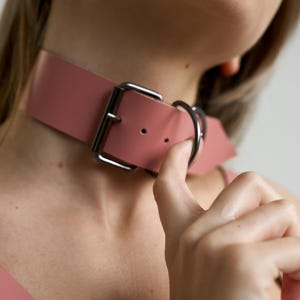 Pink Leather Choker: Wide Collar with Rings, Handmade