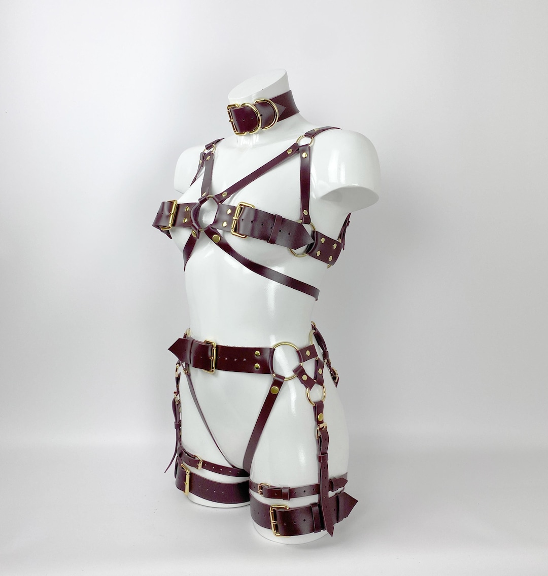 Burgundy Leather Body Harness Set, Leather Harnesses for Women, BDSM