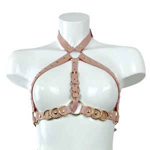 Pink leather Harness, Plus Size Harness, Handmade Harness, Bondage Harness Top, Leather Harnesses, for Women, Rose Gold Harness, Harness Bra