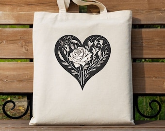 Gothic Botanical Heart Tote Bag – Reusable Grocery Bag – Book Bag – Unique Goth Rose Heart Tote