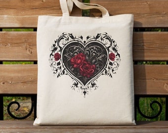 Dark Romance Tote Bag – Reusable Grocery Bag – Book Bag – Unique Gothic Rose Heart Tote