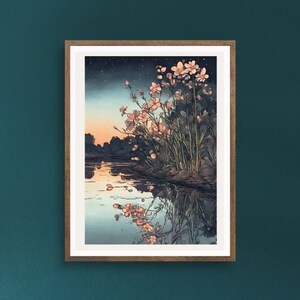 Art Print - Dusk Reflections 6 - Dark Wild Flower Riverbank Water As Above So Below Landscape Goth Gift Wall Art Home Decor