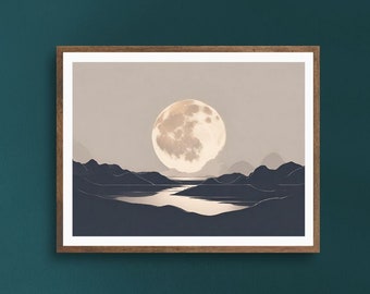May include: A framed print of a full moon rising over a lake and mountains. The moon is a pale yellow colour and the mountains are silhouetted against a light grey sky.