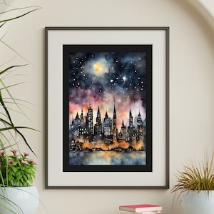 Kunstdruck - City of Starlight | Dark Night Court Light Academia Aquarell Buchliebhaber Leser Bücherwurm Geschenk Wand Kunst Home Decor