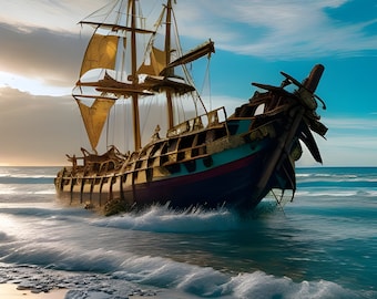 Stranded old Spanish galleon at sandy beach