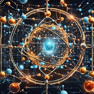 May include: Abstract digital art depicting a complex network of interconnected spheres and lines. The design features gold, blue, and orange spheres connected by gold lines, set against a dark background. The central focus is a glowing blue sphere.
