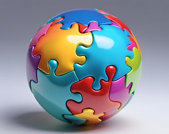 Fluid ball-like multi-color 3D puzzle hyper-detailed