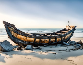 Stranded Dhau-like dinghi  at sandy beach