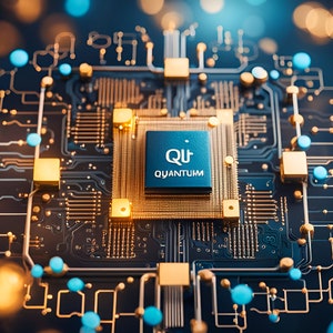 Pode incluir: Close-up de um processador de computador com um esquema de cores azul e dourado. O componente quadrado central tem a palavra "QUANTUM" impressa. O processador é rodeado por uma rede de circuitos e conectores.