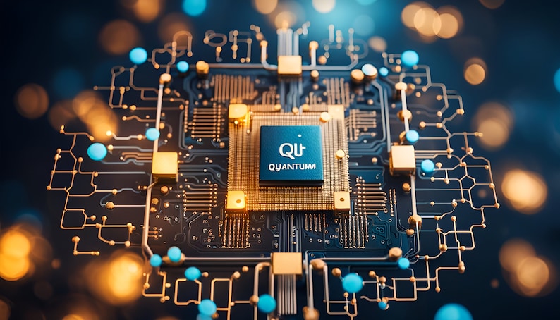 May include: Close-up of a computer processor with a blue and gold colour scheme. The central square component has the word "QUANTUM" printed on it. The processor is surrounded by a network of circuits and connectors.
