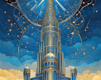 Anunnaki ancient tower blue / gold art nouveau