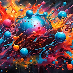 May include: Abstract digital art featuring a vibrant explosion of colors. The artwork showcases a dynamic composition of swirling orange, red, blue, and pink hues, with spherical shapes and splatters against a dark background.