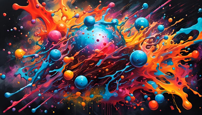 Może przedstawiać: Abstrakcyjna sztuka cyfrowa przedstawiająca żywą eksplozję kolor&oacute;w. Grafika przedstawia dynamiczną kompozycję wirujących odcieni pomarańczowego, czerwonego, niebieskiego i r&oacute;żowego, z kulistymi kształtami i rozpryskami na ciemnym tle.
