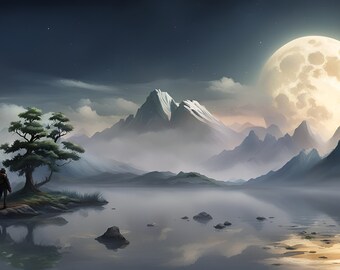 Grey-blue mountain view with full moon