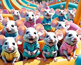 Happy mice crowd in adventure park during summer - solar punk