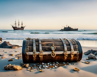 Treasure chest at tropical beach with Spanish galleon in background