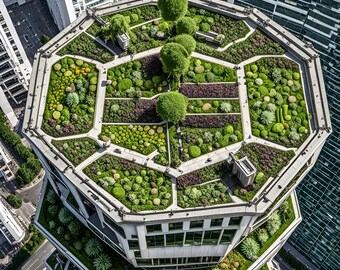 Vertical garden on an octagon skyscraper view from a helicopter, hyperdetailed