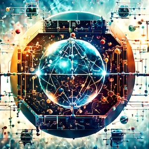 May include: Abstract digital art featuring a central sphere with a network of interconnected lines and smaller spheres. The color palette includes blues, oranges, and greens, creating a futuristic and complex design. The image evokes a sense of technology and interconnectedness.
