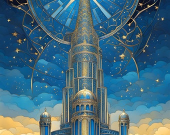 Celestial Fantasy Art Print, Ancient Star Tower Wall Decor, Blue Gold Castle, Digital Download, Magical Art Nouveau Illustration