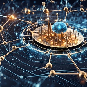 Könnte beinhalten: Eine digitale Illustration eines komplexen Netzwerks aus miteinander verbundenen Knoten und Linien, dargestellt in Gold- und Blautönen vor dunklem Hintergrund. Eine zentrale Kugel strahlt hell, symbolisiert Datenverarbeitung.