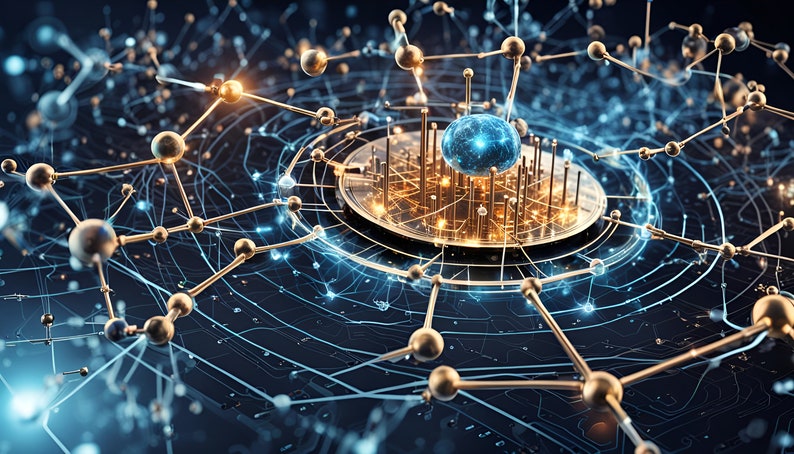 K&ouml;nnte beinhalten: Eine digitale Illustration eines komplexen Netzwerks aus miteinander verbundenen Knoten und Linien, dargestellt in Gold- und Blaut&ouml;nen vor dunklem Hintergrund. Eine zentrale Kugel strahlt hell, symbolisiert Datenverarbeitung.