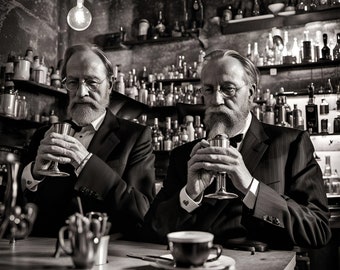Intellectual Best Ager Twin Brothers in Coffee Bar black and white