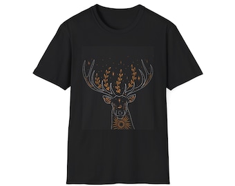 May include: Black t-shirt with a white outline of a deer with antlers, surrounded by leaves and stars. The deer has a sun and moon in its eyes.
