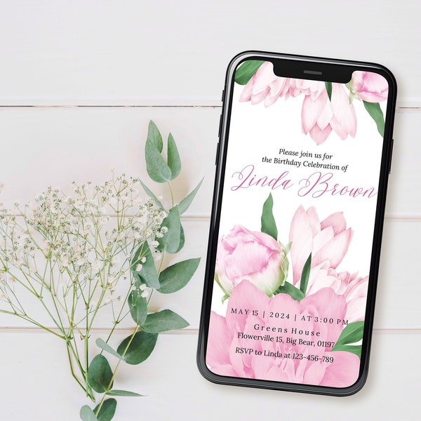 Editable Floral Birthday Evite, Instant Digital Download, Classy Elegant Pink Spring Flowers, Peony Themed Electronic Phone Canva Invitation
