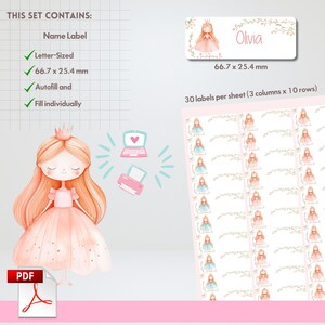 Puede incluir: Etiquetas de nombre imprimibles con una princesa de dibujos animados con una corona y un vestido rosa. Las etiquetas miden 66,7 mm por 25,4 mm y vienen en una hoja de 30 etiquetas, dispuestas en 3 columnas y 10 filas. Las etiquetas están diseñadas para usar con una impresora y son de tamaño carta.