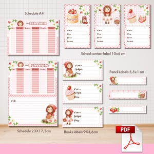 Puede incluir: Una colección de artículos de papelería rosas y blancos con temática de fresas. Incluye un horario, etiquetas de contacto y etiquetas para lápices. El horario mide 23 x 17,5 cm. Las etiquetas presentan ilustraciones de una niña, fresas y pasteles.