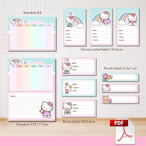 Può includere: Set di fogli stampabili a tema Hello Kitty per la scuola, che include un programma, etichette e biglietti da visita. Il programma misura 23 x 17,5 cm, le etichette 5,5 x 1 cm e i biglietti da visita 10 x 6 cm. Il design presenta Hello Kitty, un arcobaleno e una tavolozza di colori rosa e blu.