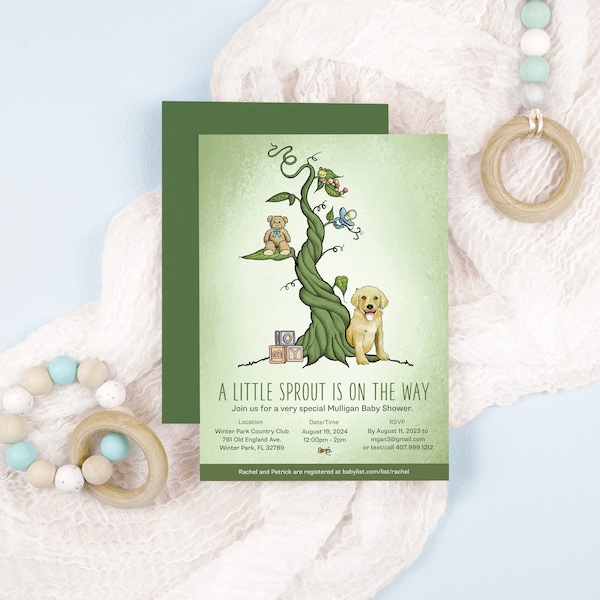 A Little Sprout is on the Way Baby Shower Invitation  | Golden Retriever Theme | Plant Theme