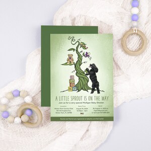 May include: A green and white baby shower invitation with a cartoon illustration of a black poodle climbing a beanstalk. The beanstalk is decorated with a teddy bear, blocks, and flowers. The text on the invitation reads "A Little Sprout is on the Way" and includes details about the event, including the date, time, location, and RSVP information.