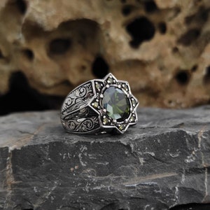 Victorian Zircon Ring For Men, Unique Gemstone Ring, Handmade Engraved Men Ring, Vintage Ring, Green Stone Ring Mens, Ceremonial Zircon Ring