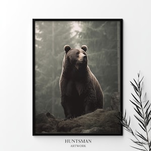 Brown Bear in misty woodland, Rainy forest wild animal art, Grizzly bear nature home decor, Wilderness nature wall art print, Printable art