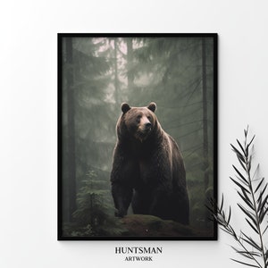 Black Bear in misty woodland, Rainy forest wild animal art, Grizzly bear nature home decor, Wilderness nature wall art print, Printable art