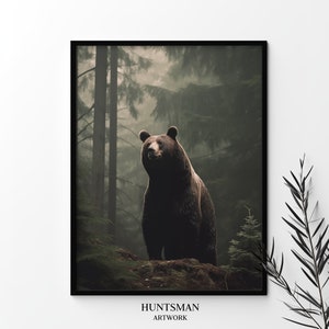 Brown bear in rainy woodland, misty forest wild animal art, Black bear nature home decor, Wilderness nature picture print, Digital wall art