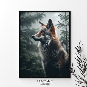 Red fox wall art, misty forest animal home decor, Fox artwork, Wild animal art, nature home decor, Wilderness decor, Printable digital art