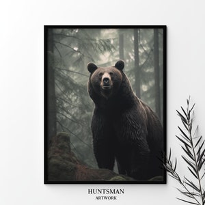 Grizzly Bear in misty rainy forest, Black bear print, Wild animal art, Nature home decor, Wilderness print, Printable wall art, Digital Art