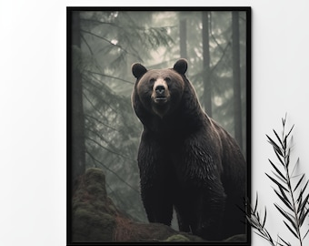 Grizzly Bear in misty rainy forest, Black bear print, Wild animal art, Nature home decor, Wilderness print, Printable wall art, Digital Art
