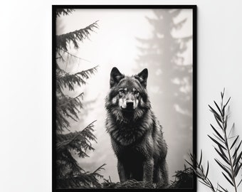Gray wolf in misty forest wall art, Rainy forest animal home decor, Nature home decor, Monochrome Black wolf print, Printable wolf wall art