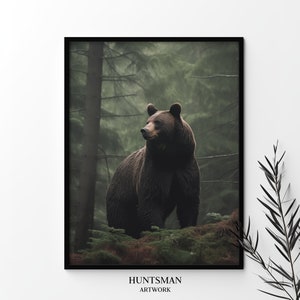 Grizzly Bear in misty forest, Brown bear fog, Wild animal art, Black bear nature home decor, Wilderness nature wall art print, Printable art