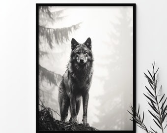 Gray wolf in rainy forest wall art, Misty forest animal home decor, Nature home decor, Monochrome wolf print, Printable Black wolf wall art