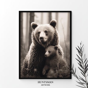 Grizzly Bear and cub in forest, Misty forest animal home decor, Monochrome bear print, Cute animal decor, Digital nature art, Black bear art
