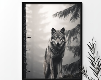 Gray wolf in misty forest, Rainy forest animal home decor, Nature home decor, Monochrome Black wolf print, wild gray scale digital wall art