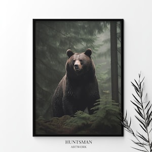 Grizzly Bear in misty woodland, Rainy forest wild animal art, Black bear nature home decor, Wilderness nature wall art print, Printable art