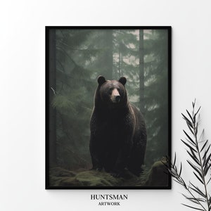 Grizzly Bear in misty forest, Rainy woodland wild animal art, Black bear nature home decor, Wilderness nature wall art print, Digital art