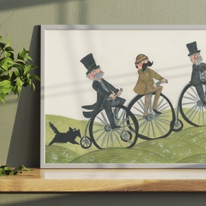 Illustratieafdruk van een vriendelijke man die door de velden fietst, en een hondje om zich bij hen aan te sluiten.
