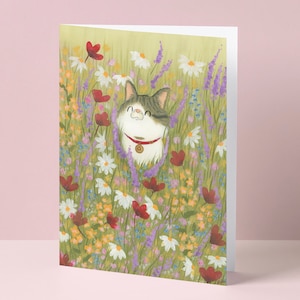 Greeting card of a cat in a flower field. Card with cat and wild flowers, Birthday card, high quality printed card, from original artwork